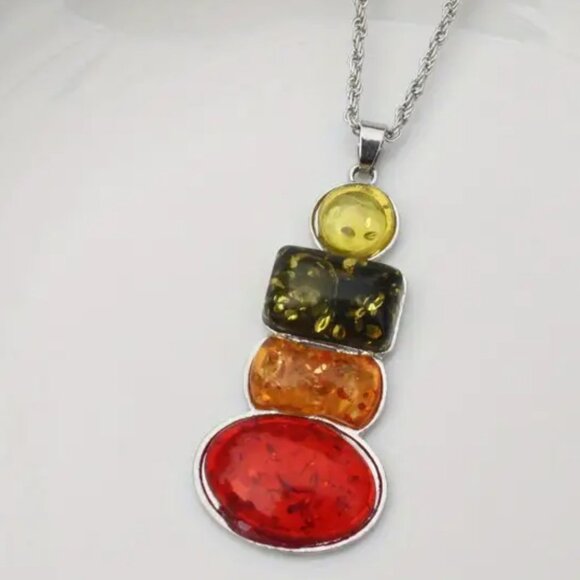 NEW Multicolor amber resin silvertone necklace and earring set - Picture 2 of 6